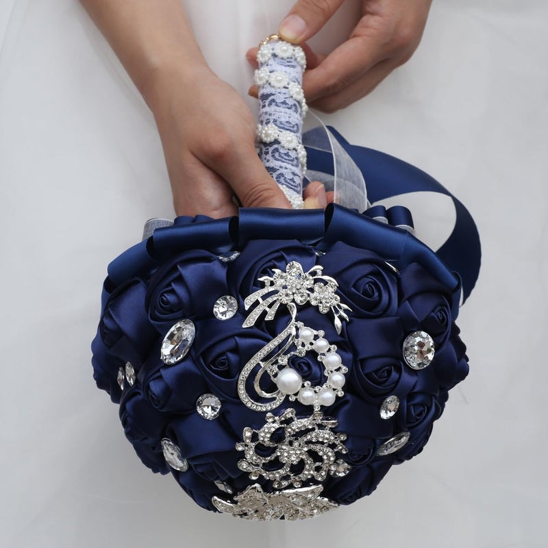 Flonding Wedding Bouquets Crystal Satin Rose Bride Bridal Bouquet Romantic Bridesmaid Holding Flower for Valentine's Day Confession Party Church Decor (Navy) - Image 3